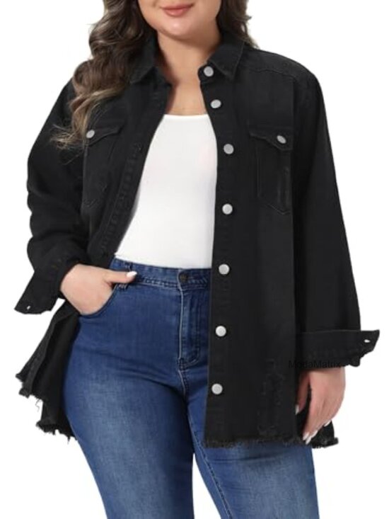 Jackets & Blazers - Plus Size Denim Jacket Long Sleeve Button Down Distressed Raw Hem Oversized